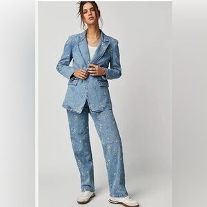Free People Driftwood Denim Embroidered Blazer Pants Suit Blazer 4 Pants 29 NWT
